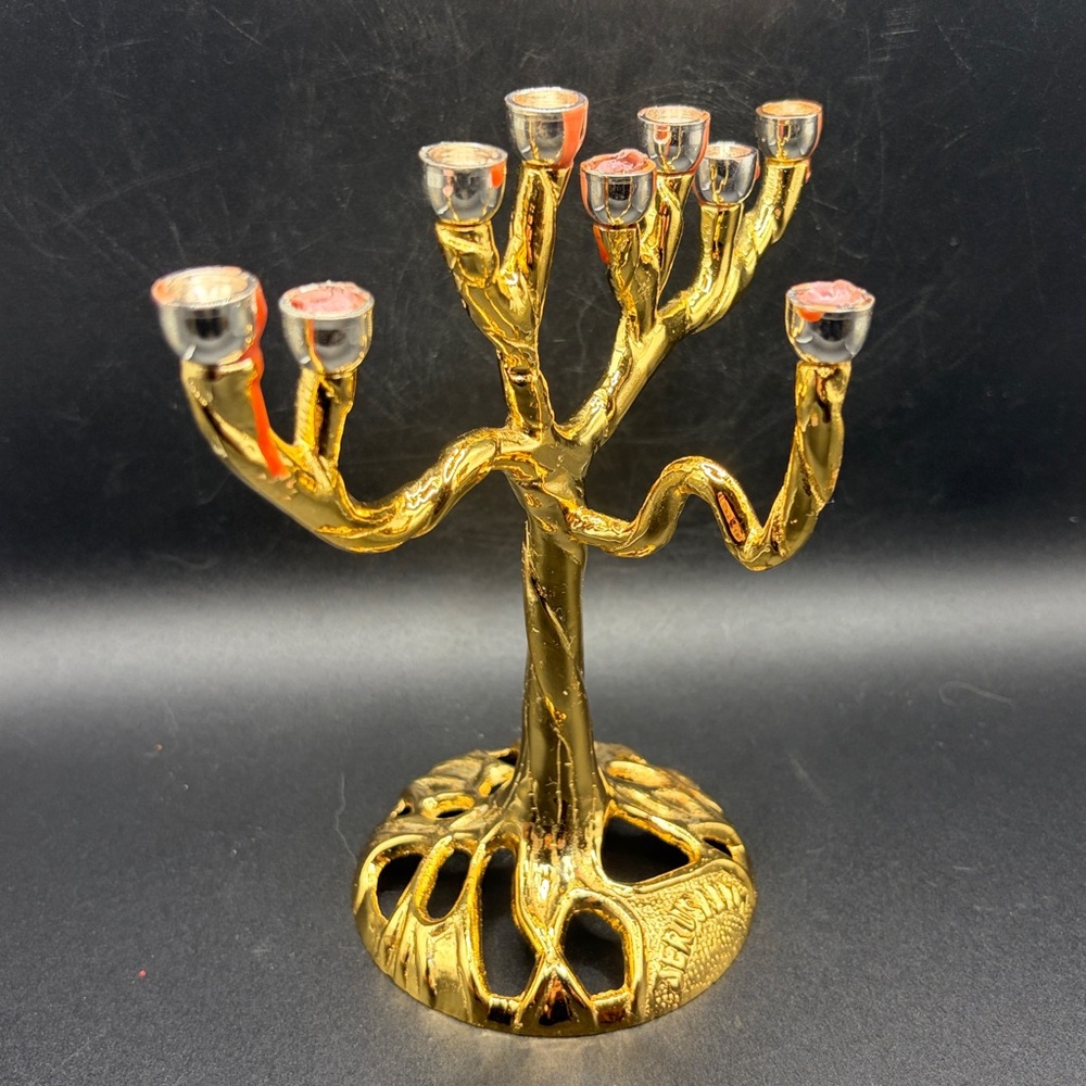 Tree of Life Jerusalem Gold & Silver Tn Metal Candelabra Menorah Candle Holder - Picture 2 of 14